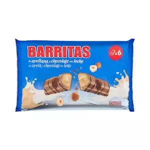 Barritas de barquillo Hacendado con relleno de avellana cubiertas de chocolate con leche Mercadona