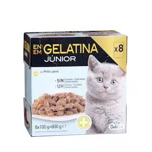 Bocaditos en gelatina gato júnior Delikuit con pollo y pavo Mercadona