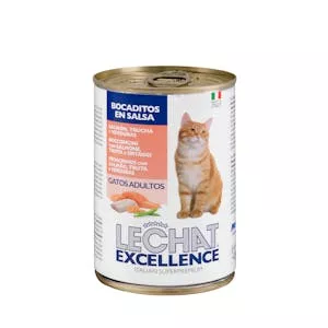 Bocaditos en salsa gato adulto Lechat Excellence con salmón, trucha  y verduras Mercadona