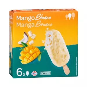 Helado bombón mango blanco Hacendado con salsa de mango y cobertura de chocolate blanco con trozos de coco crujientes Mercadona