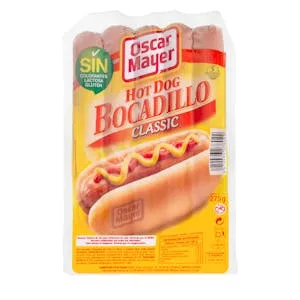 Salchichas cocidas hot dog bocadillo Oscar Mayer Classic de pollo y cerdo sabor ahumado Mercadona