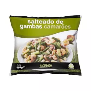 Salteado de gambas, espárragos verdes, ajos tiernos, champiñón y cebolla Hacendado ultracongelado Mercadona