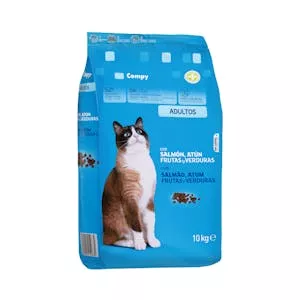 Precio Comida gato adulto Compy con salmón, atún, frutas y verduras Mercadona